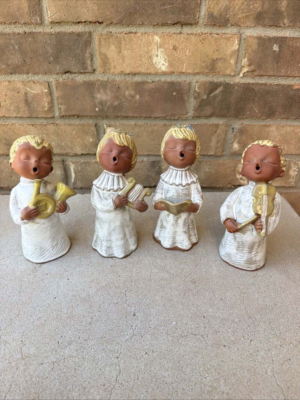 Terra Cotta Clay Singing Children Angel Figurines 2 Boys & 2 Girls Christmas